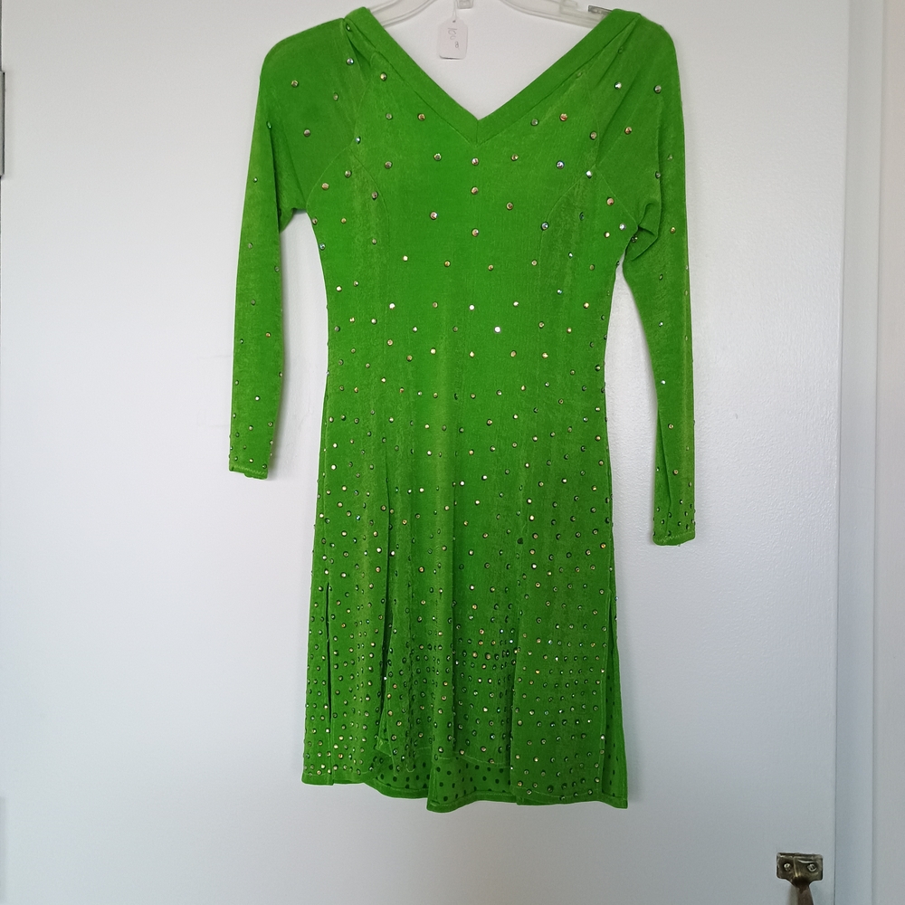 Petite Green V-Neck Rhinestoned Rhythm Dress
